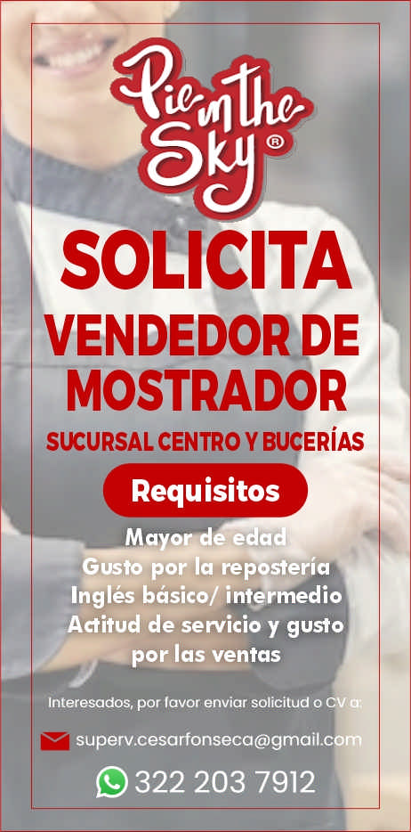 anuncio de okj@solicitavendedor demostradorsucursal centro y buceriasrequisitosmayora ne austo por la reposteriaingles basico/ intermedioactitud de servicio y gustoorlas ventasinteresados, por favor enviar solicitud p . a;superv.cesarfonseca@gmail.c m9322 203 7912