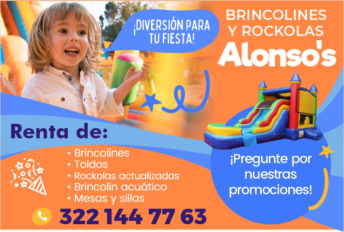 anuncio de Brincolinesidlverslon paray rockolastu fiesta!atonsdsrenta de:? brincolines? toldos? rockolas actualizadas? brincolin acuatico? mesas sillas322144 77 63ipregunte pornuestraspromociones!