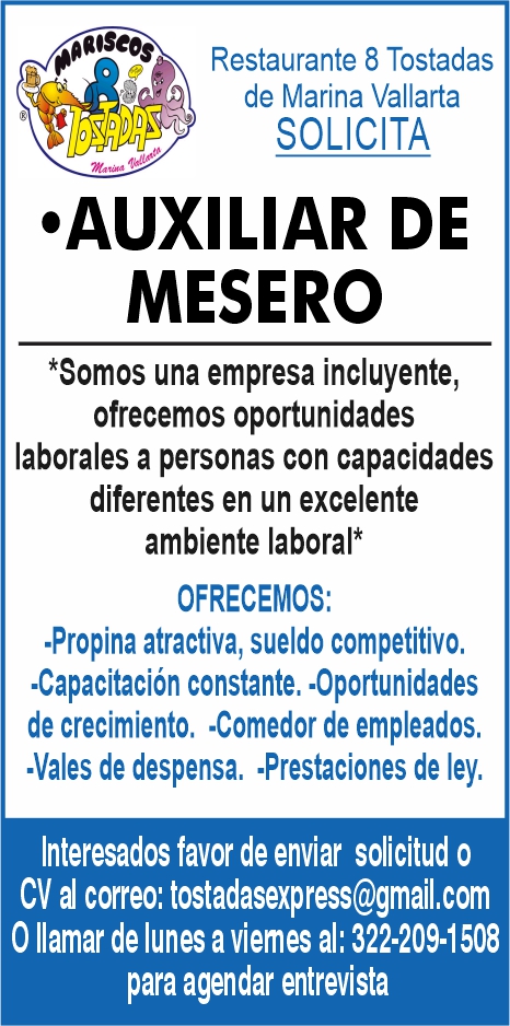 anuncio de 
SOLICITA
'AUXILIAR DE
MESERO
