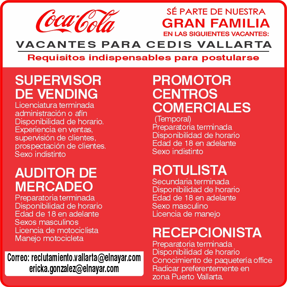 anuncio de 
SUPERVISOR
DE VENDING

AUDITOR DE
MERCADEO

PROMOTOR
CENTROS
COMERCIALES

ROTULISTA

RECEPCIONISTA

