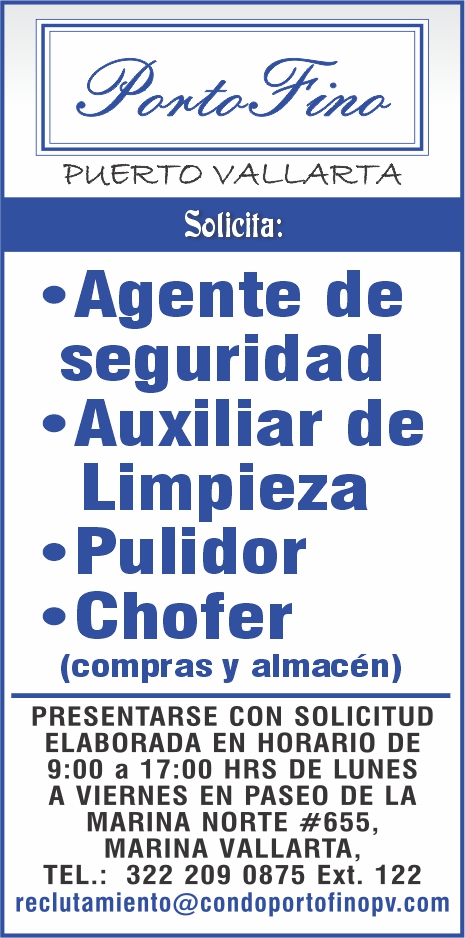 anuncio de 
'Agente de
seguridad
'Auxiliar de
Limpieza
• Pulidor
'Chofer
 
