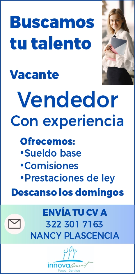 anuncio de Buscamostu talentovacantevendedorcon experienciaofrecemos:'sueldo base'comisiones'prestaciones de leydescanso los domingosenvia tu a322 301 7163nancy plascenciainnovac.w."f?