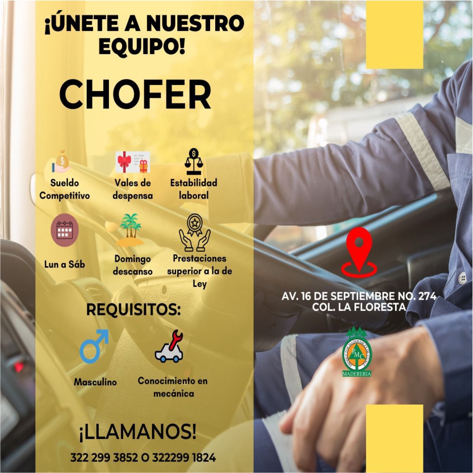 anuncio de IUnete a nuestroequipo!chofersueldocompetitivolun a sabvales dedespensadomingodescansoestabilidadlaboralprestacionessuperior a la deleyav. 16 de septi bre ncol. la florest27requisitos:masculinoconocimiento enmecanicallamanos!322 299 3852 0 3222991824