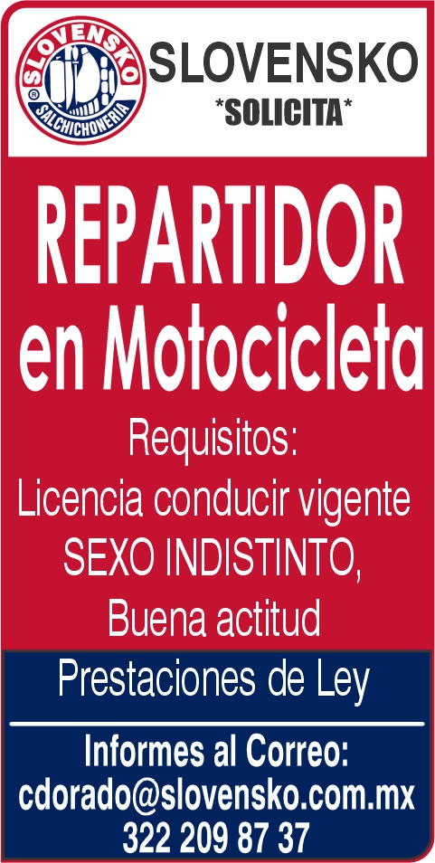 anuncio de O. slovenskorepartidoren motocicleta irequisitos:licencia conducir vigentesexo indistinto,buena actitudprestaciones de leyinformes al correo:cdorado@slovensko.com.mx322 209 87 37