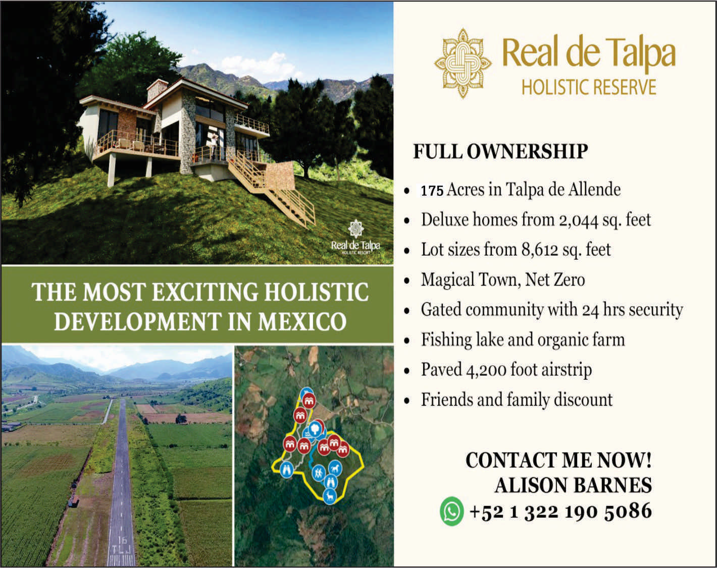 anuncio de The most exciting holisticdevelopment in mexico?real de talpaholistic reservefull ownership175 acres in talpa de allendedeluxe homes from 2,044 sq. feetlot sizes from 8,612 sq. feetmagical town, net zerogated community with 24 hrs securityfishing lake and organic farmpaved 4,200 foot airstripfriends and family discountcontact me now!alison barnes+52 1 322 190 5086
