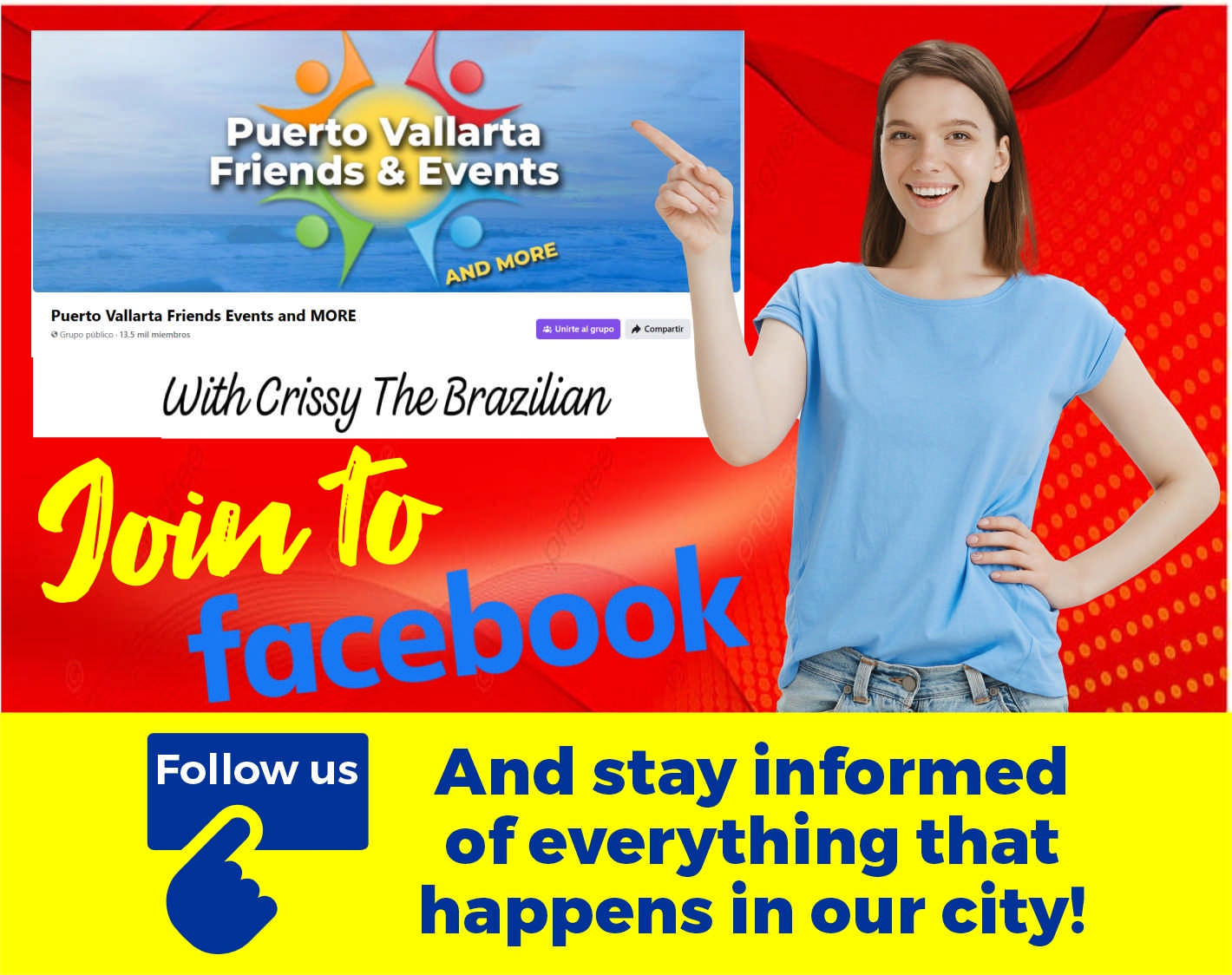 anuncio de Puerc- a iarta,fiienaentsmorepuerto vallarta friends events and more4; grupogrupo 13_5 mi/ miembroswithcrissy thebrazilian9UiwfUfollow usand stay informedof everything thathappens in our city!