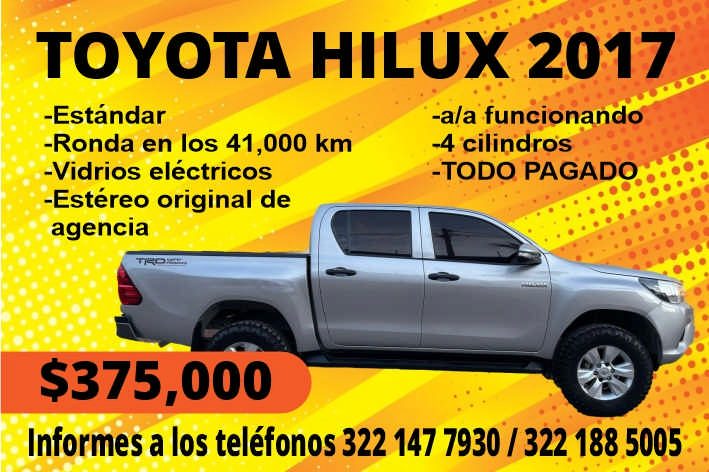 anuncio de Toyota hilux 2017-estandar-ronda en los 41,000 km-vidrios electricos-estereo original deagencia$375,ooo-ala funcionand-4 cilindros-todo pagapp.j:informes a los telefonos 322 147 79301322188 5005